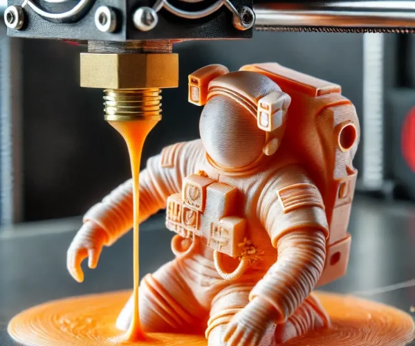 Impresion-3d DALL·E 2025 02 13 17.48.45 A close up view of melted plastic being extruded from a 3D printing machines nozzle as it actively prints an astronaut figurine in an orange spacesui Impresión 3D Cali Colombia